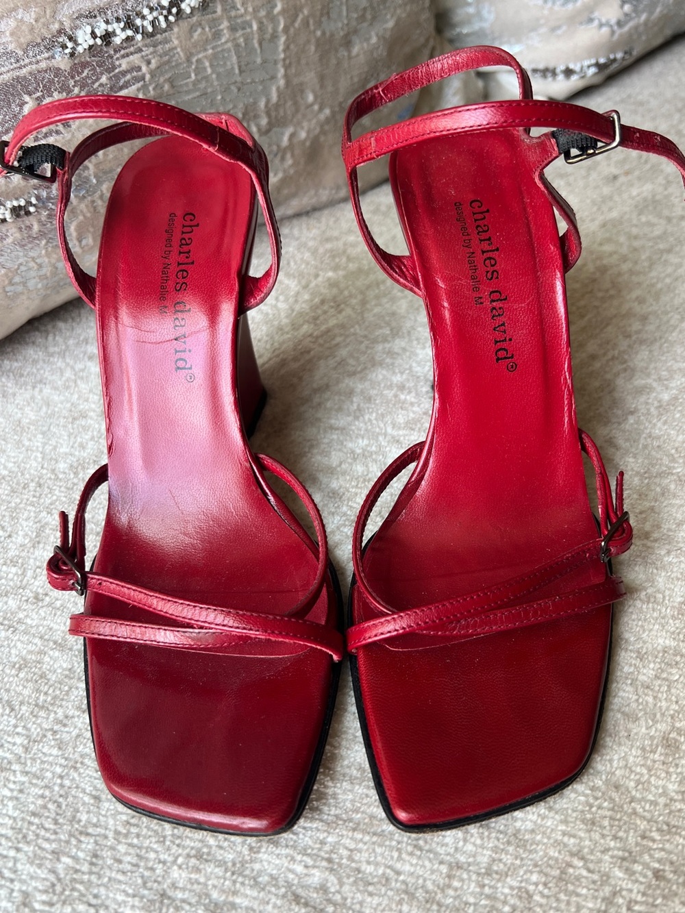 VTG Charles David designed by Nathalie M Dark Red Leather Wedge Sandals 7B Spain